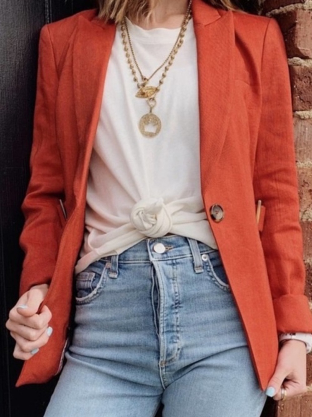 Veronica Beard | Blazer | Peplum Linen Dickey Jacket Blazatar in clay orange | 4